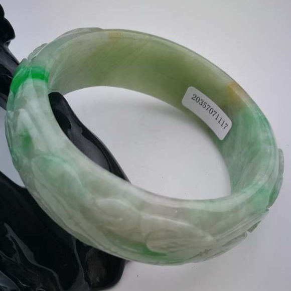 NATURE BEAUTIFUL CARVING GRADE A GREEN JADE JADEITE BRACELET BANGLE 59MM #A1117 - Picture 4 of 7